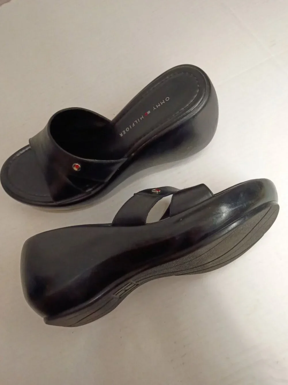 Tommy Hilfiger Black Leather Y2K Platform Wedge Slides Women’s Size 9M